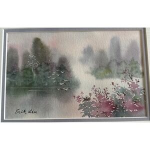Erik Liu Original Watercolor Painting Art Framed Signed Landscape Birds on Water